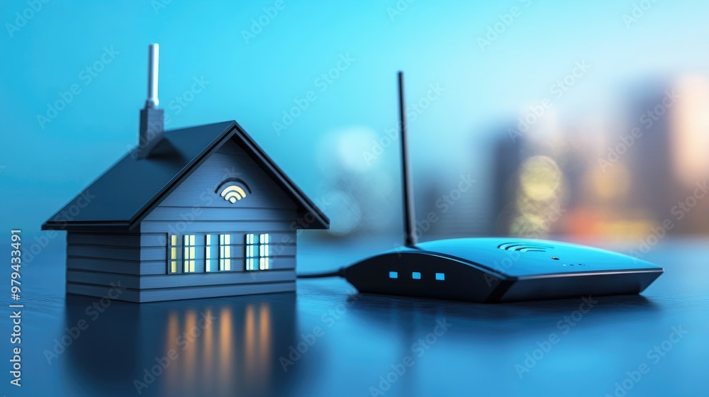 Aufkleber 3d-rendered wireless network in a home setting, featuring a router and a small house model on a tabl