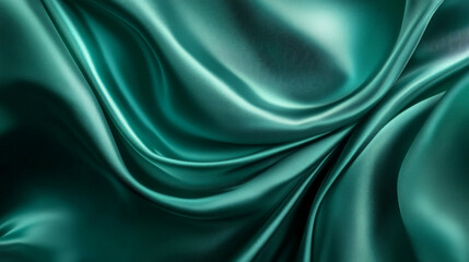 A luxurious silk background with fluid, curving folds in shades of emerald green and teal, creating an abstract and elegant flowing design.