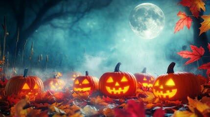 Obraz premium Spooky Jack-o'-lanterns glow in a foggy forest on Halloween night.