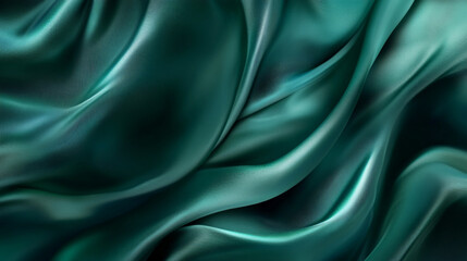 Obraz premium A luxurious silk background with fluid, curving folds in shades of emerald green and teal, creating an abstract and elegant flowing design.