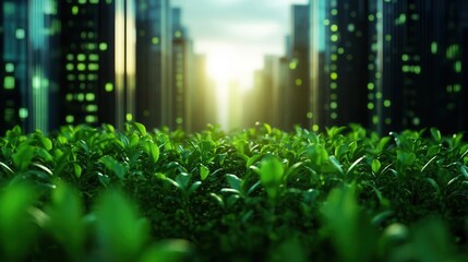 A vibrant green field foreground contrasts with skyscrapers in the background, illuminated by soft sunlight breaking through.