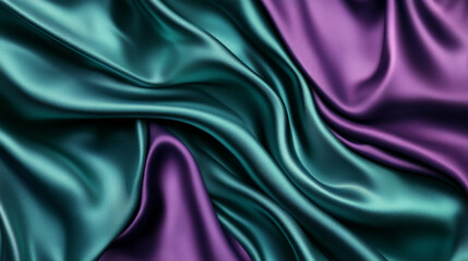 Obraz premium A luxurious silk texture in shades of emerald green and soft violet, with abstract flowing waves and smooth, glossy folds.