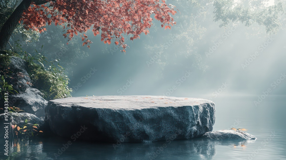 Poster A large rock sits in front of a tree with red leaves