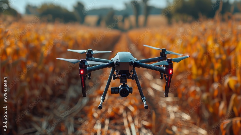 Poster paint a scene of a drone monitoring crop harvesting operations, providing real-time data on crop mat