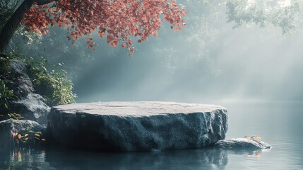 A large rock sits in front of a tree with red leaves