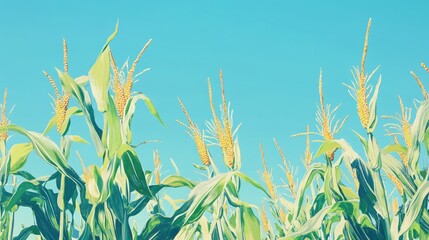Fototapeta premium Detailed view of a cornfield with tall stalks and ripe corn ears, under a bright blue sky
