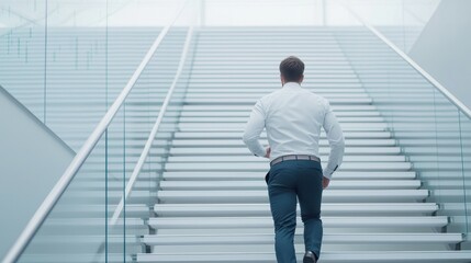 A man in a white shirt and jeans ascends a modern stairway in a bright, minimalist space.
