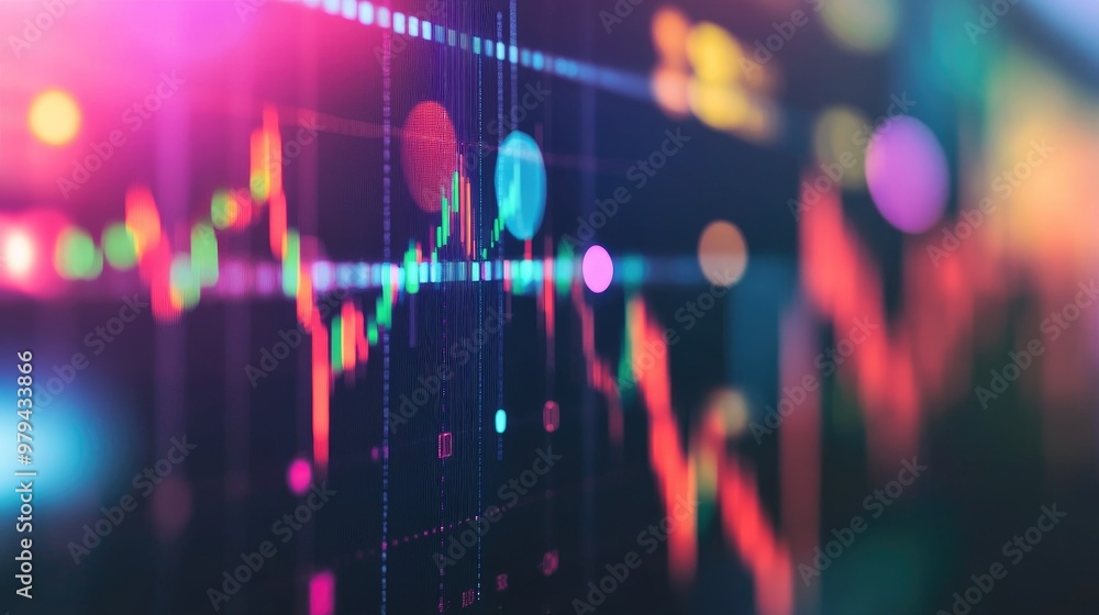 Poster detailed view of a financial graph showing stock price trends with colorful indicators and data poin