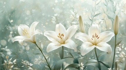 A serene collection of elegant white lilies on a soft, blurred backdrop, perfect for adding a touch of nature's beauty to any design.