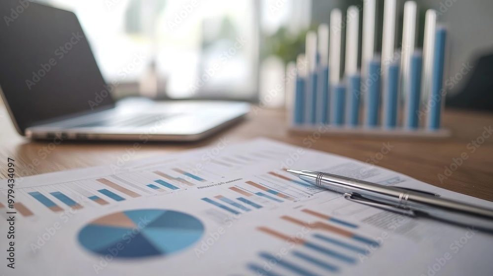 Aufkleber detailed view of a financial report with bar graphs and pie charts on a desk with a laptop and pen