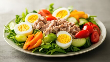 A wholesome salad featuring fresh tuna, boiled eggs, and a medley of vibrant vegetables, drizzled with a healthy dressing and served on a clean white plate.
