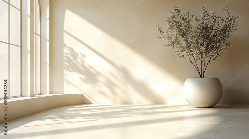 Poster A large white vase with a tree in it sits in a room with a large window