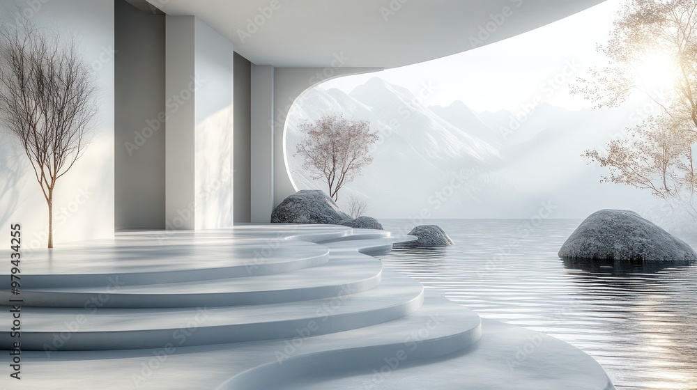 Poster a white building with a large window overlooking a lake