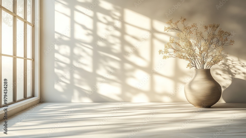 Aufkleber a large vase with flowers sits in a room with a large window