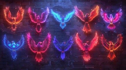 Fototapeta premium Produce a neon set of bird of prey symbols, including