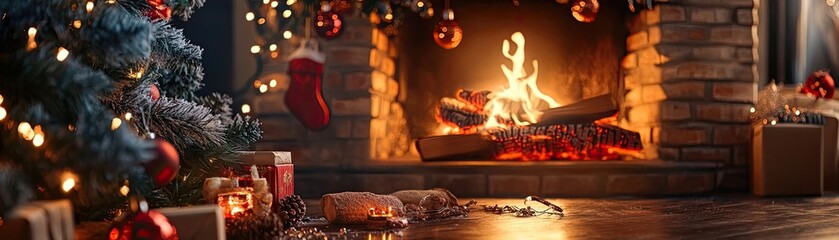 Cozy Christmas scene featuring a warm fireplace, beautifully decorated tree, and festive ornaments creating a joyful holiday atmosphere.