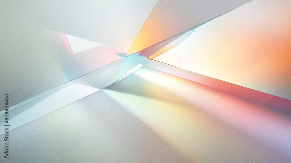 Wall mural a minimalist design with sharp, angular prisms refracting light into soft rainbow hues, casting colo