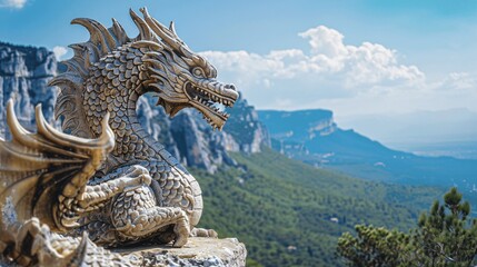 Fototapeta premium Stone Dragon Statue on Mountain Top with Blue Sky