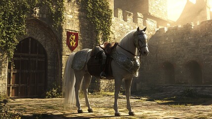 A grey horse stands, wearing a knights armor and saddle, in a sun-drenched courtyard