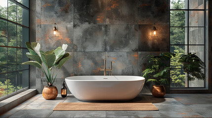 A contemporary bathroom featuring a freestanding white tub against a textured gray wall with copper accents.