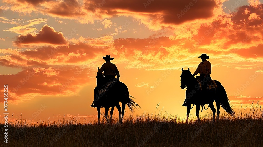 Poster Silhouettes of two cowboys riding horses at sunset, capturing the spirit of the Wild West.