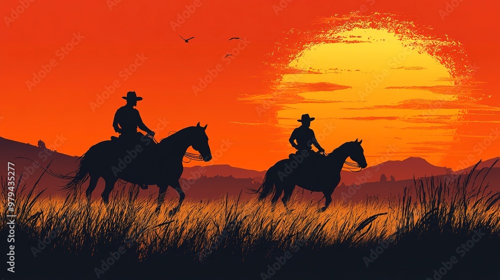 Canvas Prints Silhouettes of two cowboys riding horses at sunset, capturing the spirit of the Wild West. 