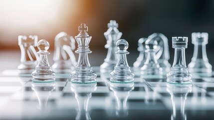 A close-up of elegant glass chess pieces arranged on a board, reflecting light, showcasing intricate designs and a strategic game setup.