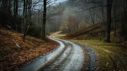Fototapeta premium A winding dirt road through a misty forest.