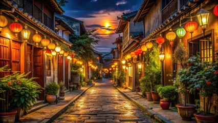 Obraz premium -evening- serene deserted streets lanterns' warm glow mystical silence