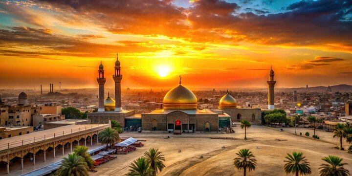 Karbala's vast desert landscape Imam Hussein Shrine's majestic dome sunset glory