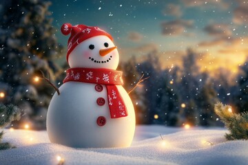 Obraz premium A cheerful snowman in a winter wonderland scene. The snowman wears a festive hat and scarf. Snowflakes fall gently around. Perfect for holiday themes. Generative AI