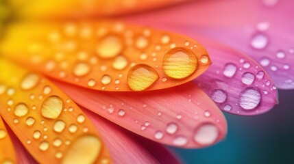Raindrops on Flower Petal, a vivid close-up of droplets glistening on a colorful petal, softly blurred backdrop enhances the freshness and beauty of nature.
