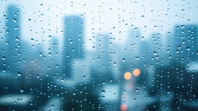 Raindrops on Glass, a serene close-up of droplets cascading down a window, with a blurred city skyline softly illuminated in the background, evoking calm and tranquility. - Powered by Adobe