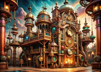 Obraz premium whimsical steampunk oriental palace intricate clockwork machines dynasty empress surrounded ornate copper pipes