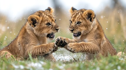 Naklejka premium Two baby lions playing in the snow