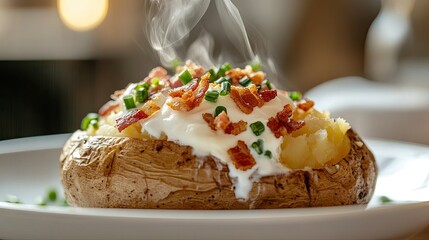 Close-up of a steaming baked potato with creamy butter and sour cream slowly melting, sprinkled with crispy bacon bits, and chives on a white ceramic dish