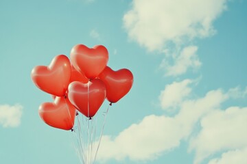 Fototapeta premium A cluster of crimson balloons resembling hearts ascending into the air, heart-shaped balloons floating across the heavens