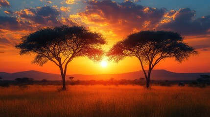 Obraz premium Two trees are silhouetted against a beautiful sunset