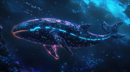 Fototapeta premium A futuristic robotic whale swimming through a neon-lit ocean, with metallic skin and glowing blue lights along its body.