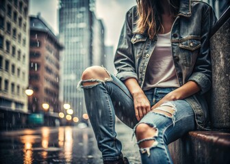 moody rainy day crumpled dark denim ripped knees urban grit intensity