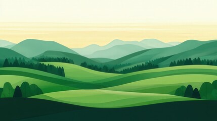 Serene Green Hills, a vibrant illustration of lush, rolling countryside, depicting gentle slopes and a tranquil landscape in a flat design style, perfect for evoking a peaceful ambiance.