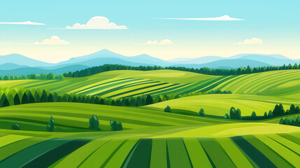 Fototapeta premium Verdant Meadows, a vibrant illustration showcasing lush green fields and gently rolling hills, capturing the essence of serene countryside landscapes in a flat design style.