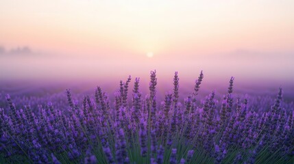 Obraz premium Misty sunrise in a lavender field, the quiet before the day begins, soft colors of dawn creating a serene feeling, new opportunities