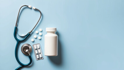 A medical flat lay with a stethoscope, pill bottle, tablets, and blister pack on a light blue background, representing healthcare, medicine, and treatment essentials.