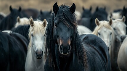 Dramatic and moody close up portrait of a powerful black horse with an intense gaze and flared nostrils standing amid a herd of calm serene white horses in a rustic outdoor setting 