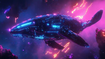 Obraz premium A futuristic robotic whale swimming through a neon-lit ocean, with metallic skin and glowing blue lights along its body.