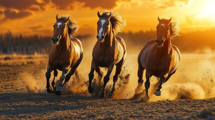 Majestic horses race towards the sunset, kicking up dirt in a thrilling display of speed and power. 