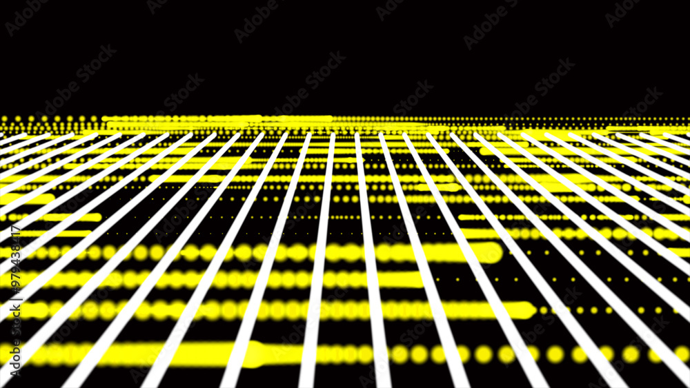 Poster abstract grid with yellow light on black background. science background with moving dots and lines. 