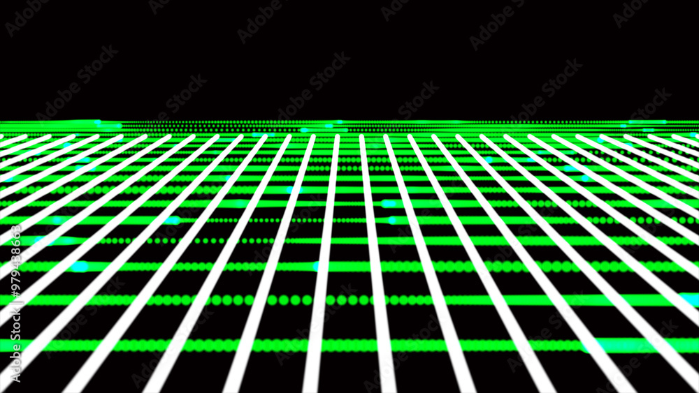 Poster abstract grid with green light on black background. motion. same size silhouettes of rectangles movi
