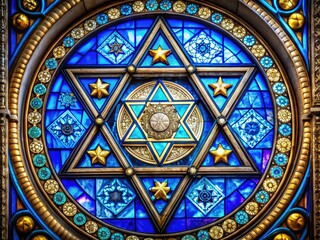 Vibrant blue Star of David stained glass synagogue window with ornate silver icon, dramatic backlight, high contrast, and rich textures